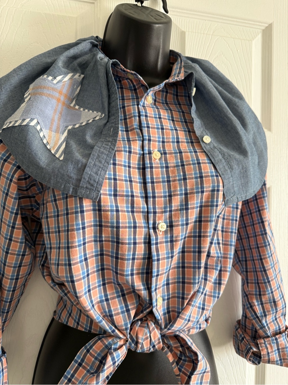 Upcycled Classic Orange & Blue Plaid Button-Up Shirt for Women.